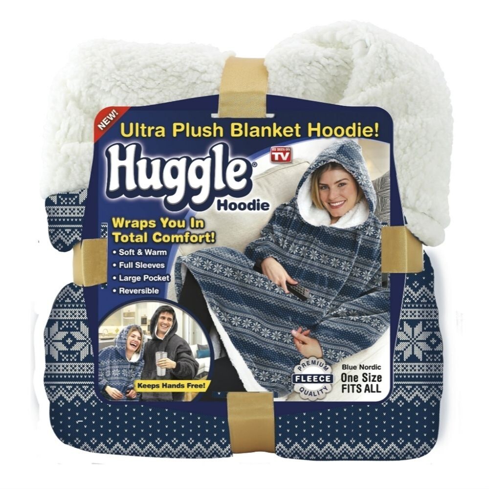 Huggle Blanket Hoodie, Ultra Plush, Unisex Wearable Blanket, Blue Nordic